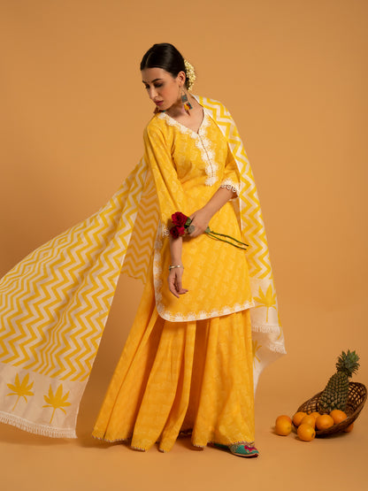 Mandakini Haldi Yellow Printed Cotton Kurta Flared Skirt Chanderi Dupatta