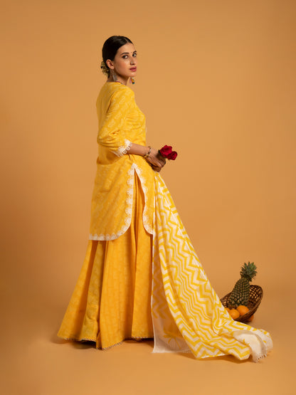 Mandakini Haldi Yellow Printed Cotton Kurta Flared Skirt Chanderi Dupatta