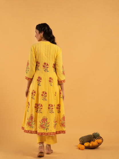 Basant Gulaab Yellow Red Hand Block Printed Cotton Suit Kota Doria Dupatta