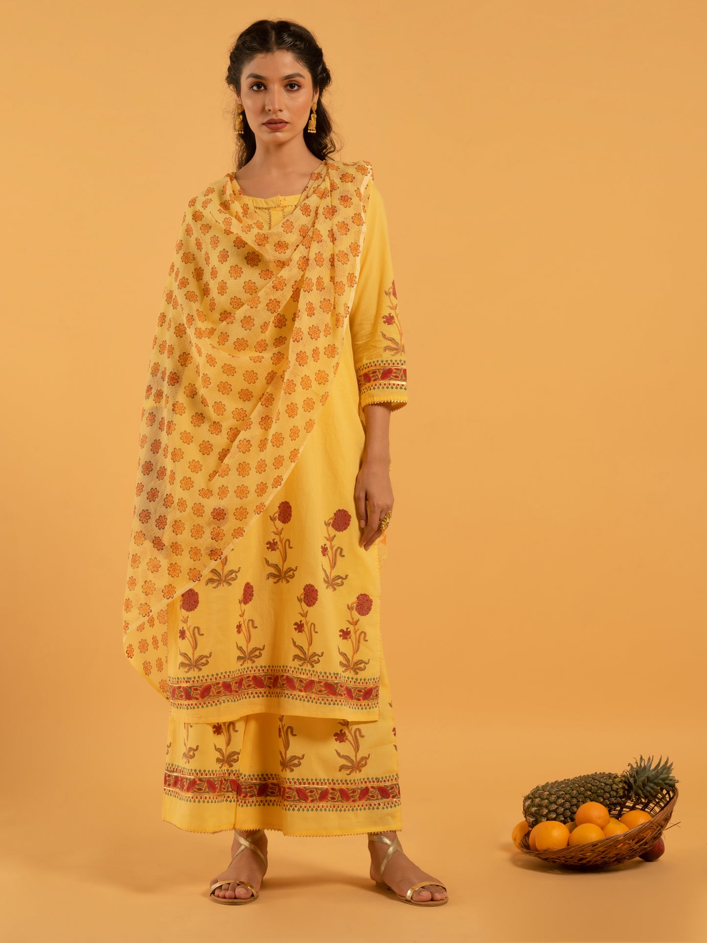 Surajmukhi Basant Yellow Red Hand Printed Cotton Farshi Suit Kota Doria Dupatta