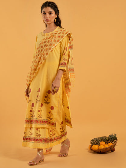 Surajmukhi Basant Yellow Red Hand Printed Cotton Farshi Suit Kota Doria Dupatta