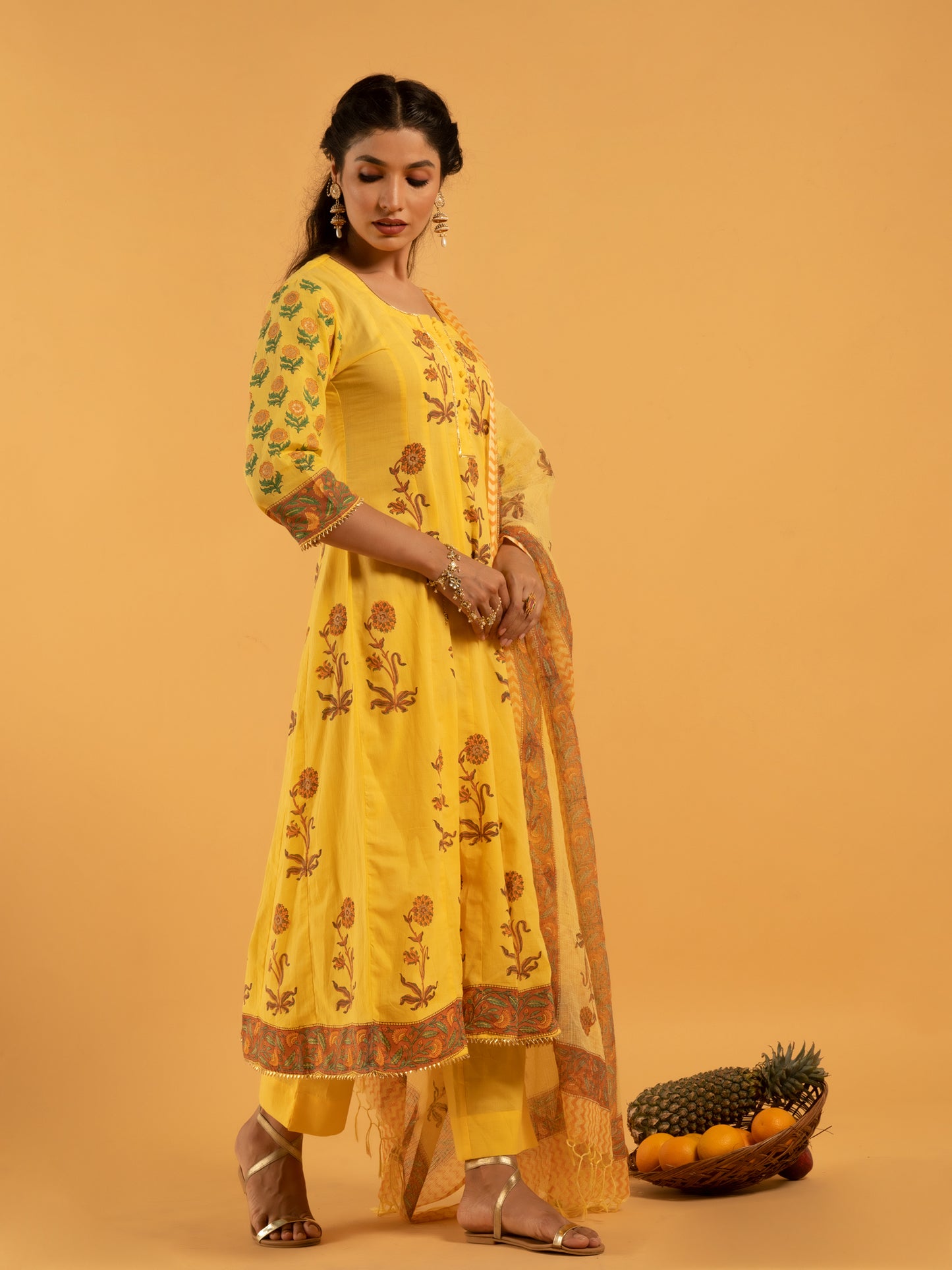 Surajmukhi Basant Yellow Hand Block Printed Cotton Suit Kota Doria Dupatta