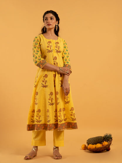 Surajmukhi Basant Yellow Hand Block Printed Cotton Suit Kota Doria Dupatta