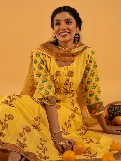 Surajmukhi Basant Yellow Hand Block Printed Cotton Suit Kota Doria Dupatta
